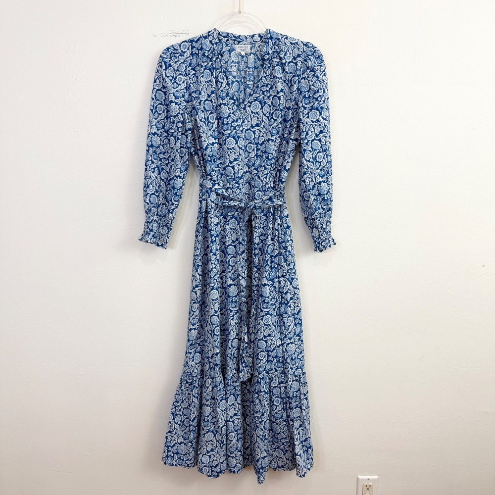Pink City Prints Blue White Floral Cotton Wrap Maxi Dress Medium